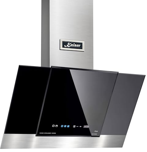 Kaiser AT 8438 F ECO Exklusive Dunstabzugshaube 80 cm kopffreihaube | Edelstahl Wandhaube | Kaminhaube mit Schwarzglas | 3 Stufige | TouchControl LED Display | Abzugshaube 910m³/h | Abluft/Umluft