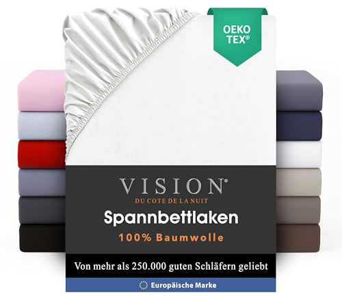VISION Sábana Ajustable - 100% algodón - Cama Individual (90 x 190 cm) - Esquinas elásticas - Se Adapta a colchones de hasta 25 cm - Certificación Oeko-Tex - Lavable a máquina - Color: Blanco