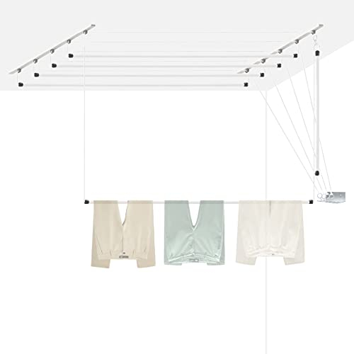 Tendedero de Techo Ceiline Manual 120x50cm. Carga 20KG. Fabricado para Durar Décadas. Sube y Baja con Poleas y Barras Anchas de Acero. para Tender Ropa y Sábanas. Hecho en España.