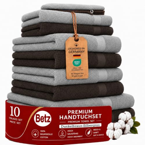 Betz Premium Handtuch-Set 10-teilig – 100% Baumwolle – Oeko-TEX® Zertifiziert – saugfähig&weich – 470g/m² – Duschtücher, Handtücher, Gästetücher & Waschhandschuhe – Farbe Dunkelbraun und Silbergrau