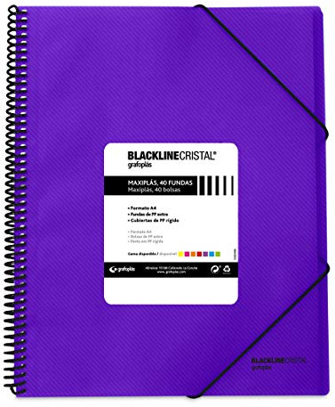 Grafoplas 39834235 Carpeta Polipropileno con 40 Fundas, A4, Color Violeta, Espiral, Cierre de Gomas, Maxiplás Blackline Cristal