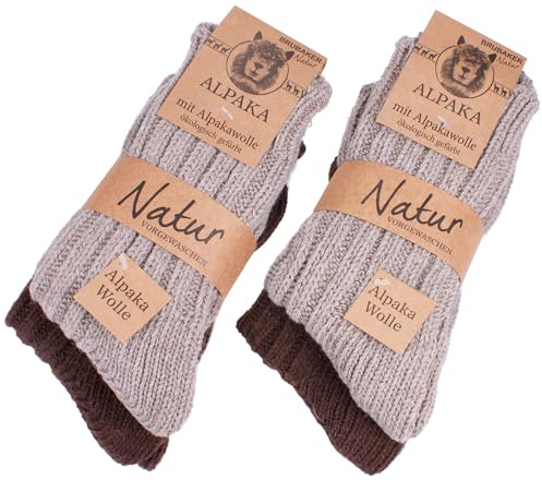 BRUBAKER Chaussettes Tricotées en Alpaga - Lot de 4 Paires - Laine d'Alpaga - Très Épaisses et Chaudes - Unisexe - Brun - EU 39-42
