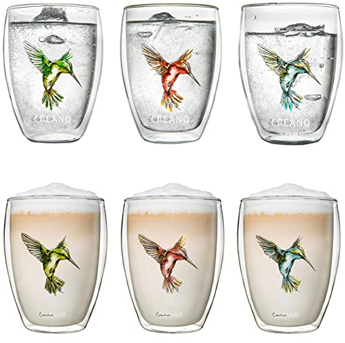 Creano doppelwandige Tee-Gläser, Cappuccino-Glas, Thermoglas Hummi im Kolibri Design, 6er Set, 250 ml in exklusiver Geschenkbox, blau/rot/grün