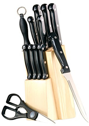 Esmeyer 291-081 12-teiliges Messerset ORION mit Holz-Block, durchgehendes Metall aus Klingenstahl, schwarze ABS-Griffe, dreifach genietet,