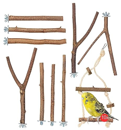 Vogelgaleria® 10er Natur Sitzstangen Set für Vögel inkl. GRATIS Schaukel und 3 Y Stangen für Wellensittich, Nymphensittich & Co