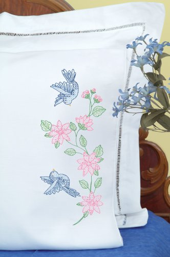 Jack Dempsey Needle Art 160031 Perle Edge Pillowcase, Birds Pillowcase with Perle Edge Finish, 20-Inch by 30-Inch, White