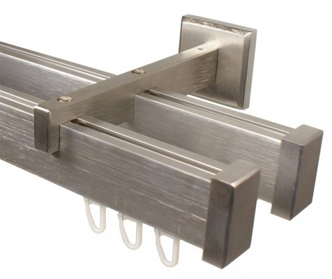 Eckige Design Innenlauf Gardinenstange 2-läufig aus Aluminium Farbe Edelstahl, 240 cm (2 x 120 cm)