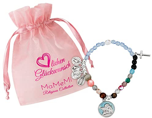 MaMeMi Pulsera de Jesús con símbolo de la vida de María o Jesús, pulsera elástica con colgantes y explicación – Regalo para comunión o firma – Incluye bolsa, 26,46 cm (circa), Cuero, Perla