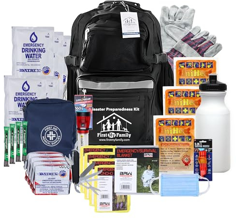 First My Family All-in-One 4 Person, 72 Hour Emergency Survival Kit for Fires, Earthquakes, Hurricanes, Floods, Tsunami and Other Disasters - Premium Black Backpack