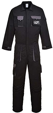 Portwest TX15 Men's Texo Contrast Coveralls Durable Cotton Protective Work Overalls Workwear Knee Pad Pockets Two-Way Zip Elastic Waist Boiler Suit for Mechanics Warehouse Garages DIY, Black, XXL