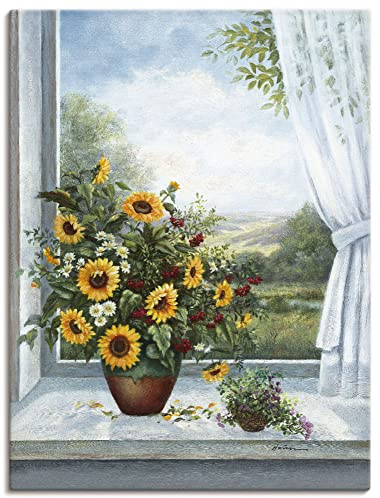 ARTLAND Wanddeko Leinwand Bilder Wandbild 45x60 cm Stillleben Arrangements Botanik Malerei Blau A6DL Sonnenblumen am Fenster