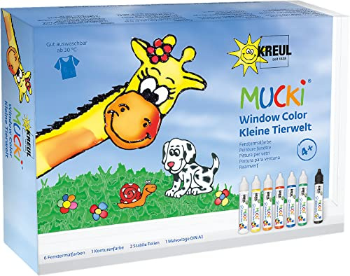 Kreul 24451 – Mucki Window Color Set små djurvärld, 7 x 29 ml färg, filmer och mallar, vattenbaserad fönsterfärg, parabenfri, glutenfri, laktosfri, vegansk, lätt att måla, tvättbar