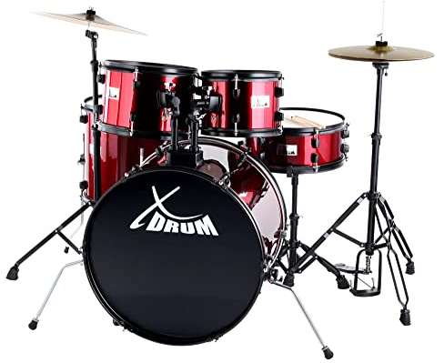XDrum Rookie 22 Fusion Schlagzeug Komplettset Ruby Red - Ideal für Einsteiger - Stylische Hardware in schwarz - Inkl. Drumsticks, Aufbauanleitung und Schlagzeugschule - Rot