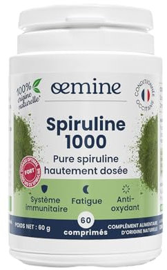 Oemine Spiruline 1000 - 60 Comprimés Vegan - Algue Super Nutritive, Richesse Vitale en B12, Fer, Vitamines & Protéines - Complément Alimentaire Vegan et Idéal pour les Sportifs