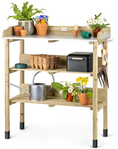Christow Garden Potting Table Wooden Germination Work Bench With 5 Hooks, 2 Shelves (89cm x 76.5cm x 37cm)