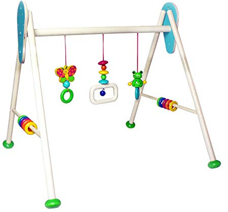 Hess Holzspielzeug 13372 - Spielgerät aus Holz, Serie Frosch, für Babys, handgefertigter Spielbogen mit farbenfrohen Figuren und Rasseln, ca. 62 x 55 x 50 cm