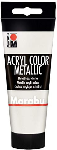 Marabu 12010050770 - Acryl Color metallic weiß 100 ml, cremige Acrylfarbe auf Wasserbasis, schnell trocknend, lichtecht, wasserfest, zum Auftragen mit Pinsel und Schwamm auf Leinwand, Papier und Holz