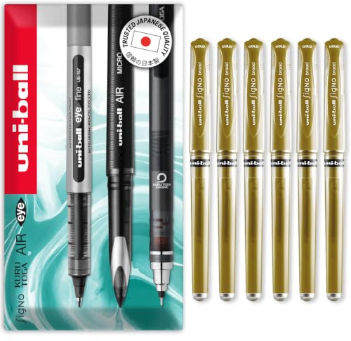 Uni Ball Signo Breit, Gold, Metallic Gel-Tintenroller, 1,0 mm Spitze, Spitze 0,3 mm Strichbreite mit Gummimanschette UM - 153, 6 Stück