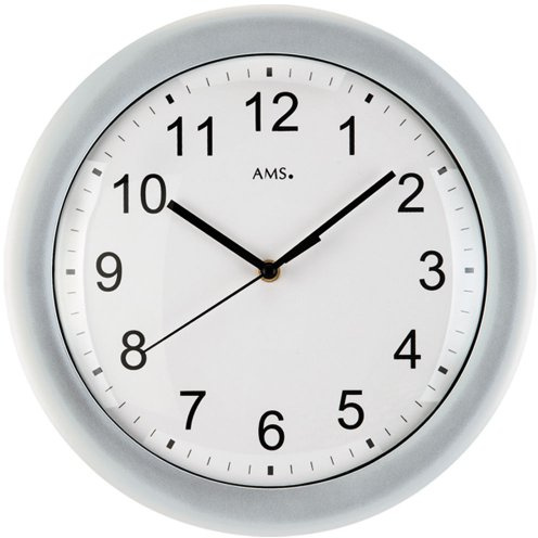AMS Funkuhr Funk Wanduhr Silber Weiß Rund Große Zahlen Küchenuhr Küche Esszimmer