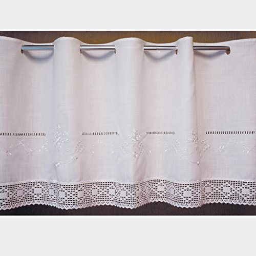 fashion and joy Scheibengardine 60x145 cm aus schöner Landhaus Serie Stickerei mit Häkelspitze in weiß 100% Bistrogardine gehäkelt & Bestickt Country Chic Gardine Typ368
