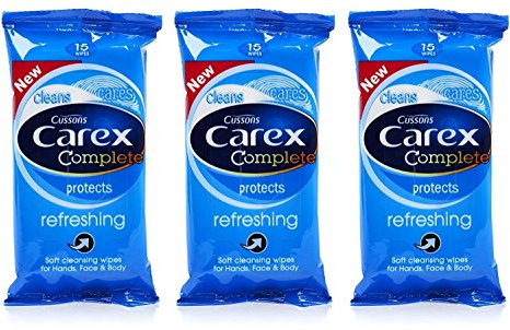 3x Cussons CAREX Refreshing Cleansing WIPES Hand Face & Body 15's Pocket Travel