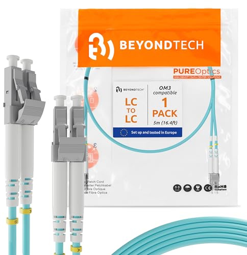 BEYONDTECH Cavo Fibra Ottica LC a LC OM3 Multimodale Duplex (5 Metri) - Cavo di Fibre Ottiche UPC/UPC - 50/125 (LSZH)