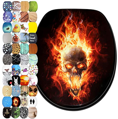 Sanilo WC Sitz mit Absenkautomatik, viele schöne Toilettendeckel zur Auswahl, hochwertige und stabile Qualität aus Holz (Totenkopf in Flammen)