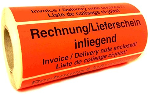 Warnetiketten Rechnung/Lieferschein inliegend 149 x 48 mm - 500 Stk. je Rolle - Leuchtfarbe (fluoreszierend) - stark haftend. Hinweisetiketten/Versandetiketten