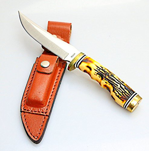 Cuchillo de caza con diseño de madera de raíz, incluye piedra de afilar y funda en color marrón