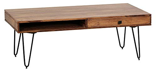 FineBuy Couchtisch 110x60x40 cm Sheesham Massivholz, Hairpin Beine | Wohnzimmertisch Industrial mit 2 Schubladen und Ablagefächern, Sofatisch aus Echtholz, handgefertigt
