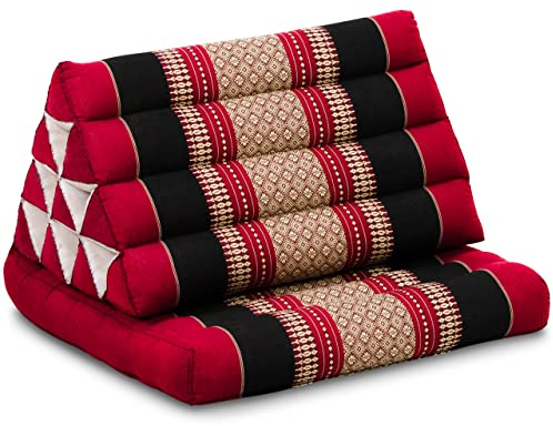 livasia Thaikissen mit 1 Auflage - 75x50x8cm - Dreieckskissen mit Sitzkissen, Keilkissen mit Kapok, Rückenkissen faltbar, Thaimatte zum Klappen, handgefertigt, Meditationskissen (Rot/Schwarz)