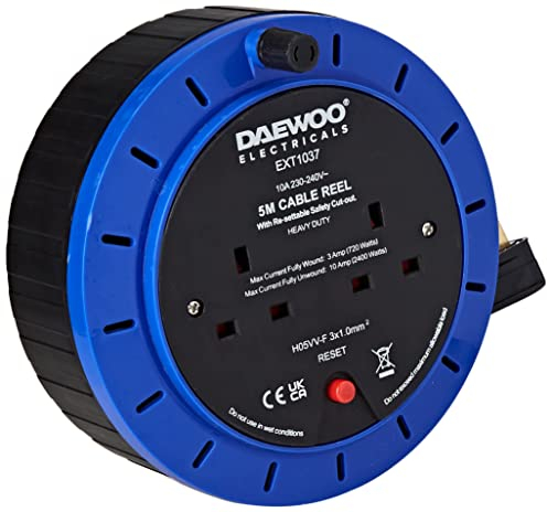 Daewoo Extension Reel, 2 Way Socket with 5 Metre Cable, Heavy Duty with Resettable Safety Cut Out, Cassette Reel, Black and Blue