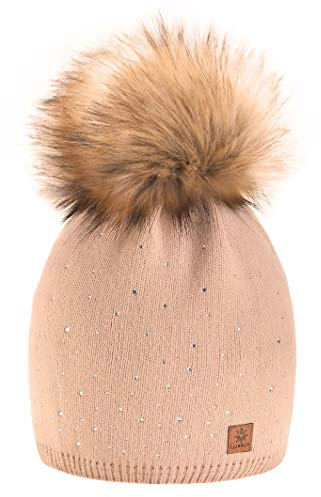 morefaz Wurm Winter Strickmütze Mütze Damen Kristalle Kiesel mit Große Bommel Pompon l SKI (Beige) (MFAZ Ltd)