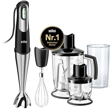 Braun MultiQuick 7 Hand Blender MQ7o45 Aperitif, Variable Speed Control, Anti Splash, Includes 4 Attachments; 350 ml Chopper, 1.25 Litre Blender, Whisk and BPA-Free Plastic Beaker - Black