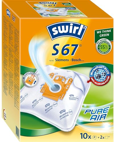 Swirl S 67 EcoPor Staubsaugerbeutel (10 Beutel), reißfeste Staubbeutel für einige Siemens & Bosch Staubsauger, im umweltfreundlichen Umkarton, 99,9 % Filterung von Hausstaub & allergenem Feinstaub