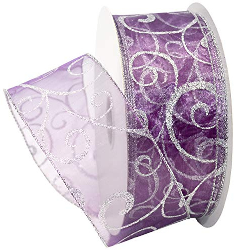 Morex Ribbon 7416.60/50-610 Swirl 2.5 X 50 YD Nylon Sheer Curling Wired Glitter Ribbon, Purple/Silver, Holiday Ribbons for Crafts and Christmas Decorations, Gift Wrapping