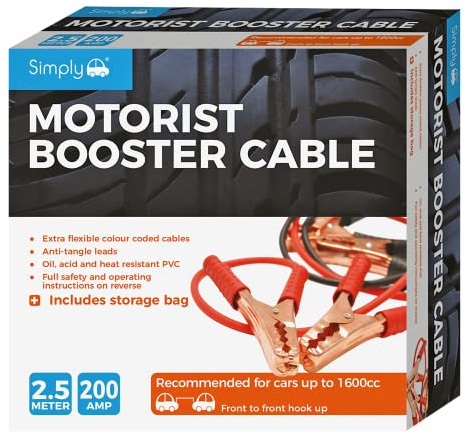 Simply SM200B Boxed Motorist Jump Leads Booster Cable 200AMP 2.5M Long Anti-tangle leads Oil acid and heat resistant PVC Fully Insulated Metal Clips and Operating Instructions