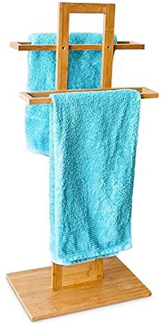 Relaxdays Handtuchständer Bambus mit 2 Handtuchstangen HBT 85 x 37 x 25 cm frei stehender Handtuchhalter in natürlicher Holz Optik als kleiner Herrendiener oder Kleiderständer im Bad, natur