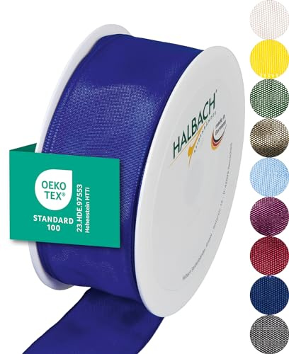 Halbach Geschenkband mit Drahtkante, 40 mm x 25 m, blau | Taftband mit formbarer Drahtkante aus 100% Acetat, Made in Germany, Öko-Tex 100 zertifiziert, wetter-/wasserfest