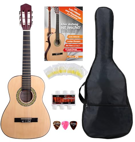 Classic Cantabile Acoustic Series AS-851-L klassisk 1/2 för vänsterhänta startset (konsertgitarr, väska/väska, skola, CD, DVD, plektrum, strängar, stämningsfe) natur