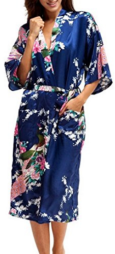 Kimono de Femme Motif Paon Fleur - Kimono Sexy Robe de Chambre Longue Peignoir - Bleu Foncé - Taille XL