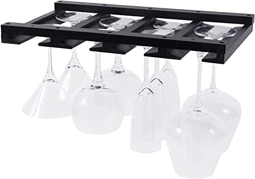Rustic State Eze 4 Sectional Wood Under Cabinet Wine Glass Holder Rack Hanging Shelf Stemware Bar Organizer - 12 Wine Glass Storage - 10 Inch Deep - Black