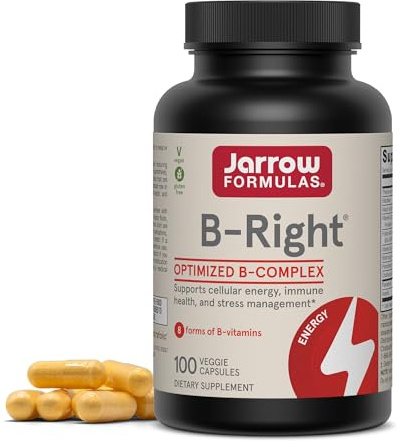 Jarrow Formulas B-Right Vitamin B Complex Formula - 100 Veggie Caps - Cellular Energy & Metabolism Support - Supports Brain, Cellular & Cardiovascular Health - 100 Servings