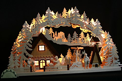 3D LED Schwibbogen 72cm mit Räucherhaus und elektrischer Pyramide Handarbeit aus dem Erzgebirge