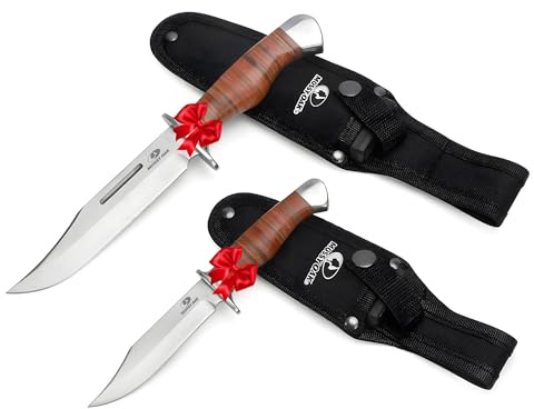 Mossy Oak 2-piece Bowie Knife, Fixed Blade Hunting Knife with Leather Handle, Sheath Included