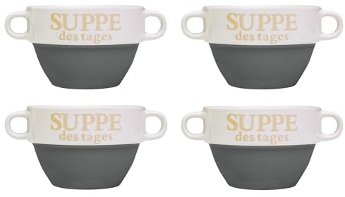 DRULINE 4x Set Suppentasse Grau aus Keramik Ø 13 cm mit Henkel – Hochwertige Suppenschale, Hitzebeständig und Leicht – Perfekt für Suppe, Eintöpfe & heiße Getränke – Stapelbar und Spülmaschinenfest