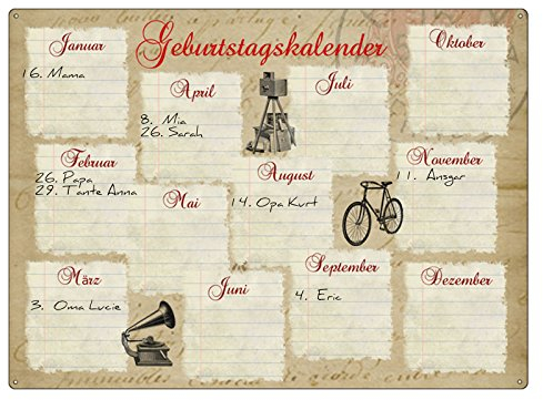INTERLUXE KALENDER Metall GEBURTSTAGSKALENDER ALTE SCHRIFT Wandkalender Vintage Geschenk Dekoration Haus Wohnung