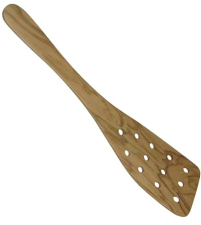 Berard 66476, Spatule large galbée avec 12 trous en bois d’olivier et fait main, idéale cuisine et service - 32 cm.