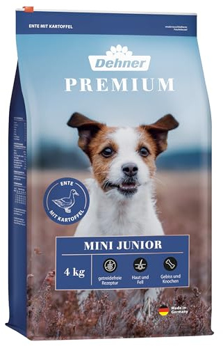Dehner Premium Hundefutter Junior, Trockenfutter getreidefrei, für Welpen und junge Hunde kleiner Rassen, Ente / Lamm / Kartoffel, 4 kg | getreidefrei, mit Kartoffeln, für Welpen und junge Hunde kleiner Rassen