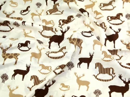 Ciervo y balancín caballos Impresión Navidad algodón tela beige – por metro